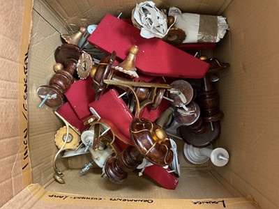 Lot 32 - Box containing brass curtain pole brackets, and similar items