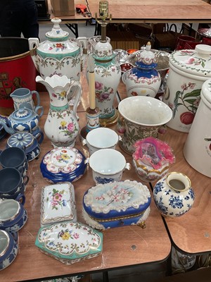 Lot 416 - Group of Continental porcelain with floral decoration items to include vases and covers, trinket boxes and lamp.