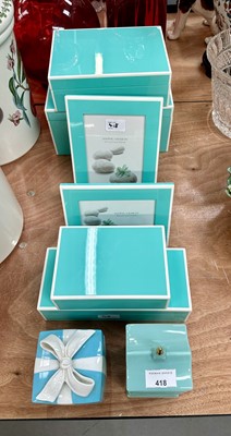 Lot 418 - Group of Swing Design turquoise boxes and frames, Tiffany & Co trinket box and a Fortnums beehive pot and cover.