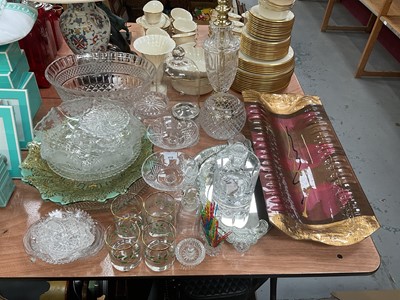 Lot 419 - Group of cut glass items and pressed glass to included mirrored stands and a lamp.