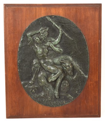 Lot 689 - Late 19th century French oval bronze plaque, after Clodion, of a nymph and two satyrs, signed