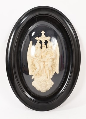 Lot 779 - French oval plaster relief of two angels with banner inscribed Je vous Salue Marie