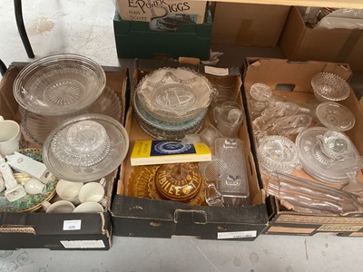 Lot 420 - Three boxes of Victorian and later pressed glass to include Royal souvenir pieces, ceramics and sundries.