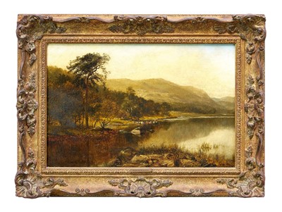 Lot 1065 - David Bates (1840/1-1921) oil on canvas - extensive mountain landscape with cattle watering by a lake, signed, 29cm x 44.5cm, in gilt frame