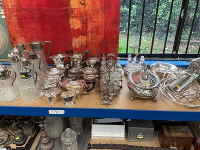 Lot 254 - Silver plated wares to include eight claret jugs, French silver plated wares, Mappin & Webb, tea sets, cruet sets etc