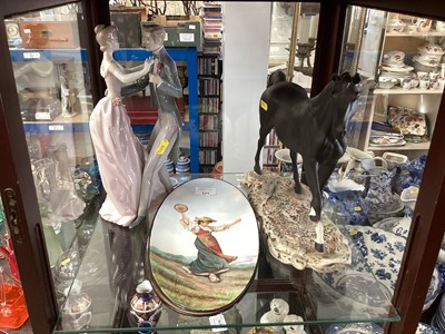 Lot 171 - Lladro porcelain figure group, pair of late 19th century Italian pottery hand painted plaques and a Beswick horse (4)