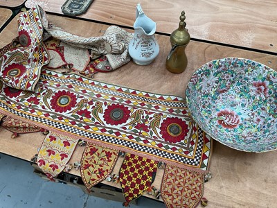 Lot 35 - A Victorian Staffordshire jug named and dated 1857, an Indian embroidery. Chinese Canton porcelain bowl, and a brass dallah