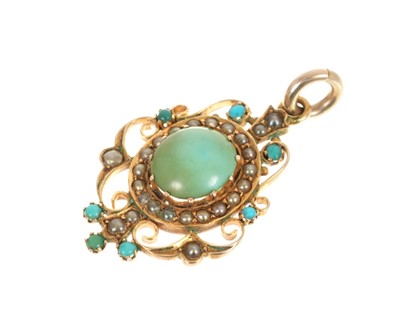 Lot 457 - Edwardian yellow metal turquoise and seed pearl pendant