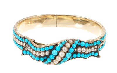 Lot 413 - Victorian turquoise and pearl hinged bangle