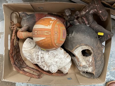 Lot 80 - Burmese wooden carving of an elephant with figures, collection of ethic items to include African mask