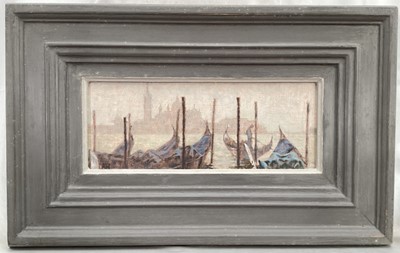 Lot 86 - Anne Heat (b. 1945) oil on board - 'Early Start', Venice, signed with initials, 10cm x 26cm, framed