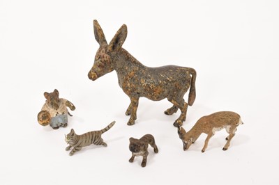 Lot 718 - Five small Austrian cold painted bronze animals, including donkey, 5cm wide, Beatrix Potter figure of Mrs Tittlemouse, gazelle, bulldog and kitten, together with a menagerie of cold painted lead an...