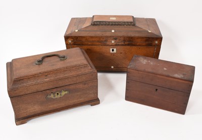 Lot 720 - George III mahogany tea caddy, together with a two other boxes