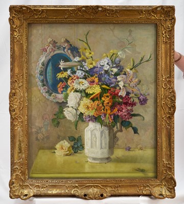 Lot 927 - John Ernest Foster (1877-1965) oil on canvas - Still Life, 'Flowers & Mirror', signed, artists label verso, 76.5cm x 63.5cm, in glazed gilt frame