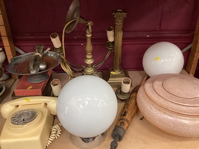 Lot 678 - Vintage phone, light shades, lamp, metalwares, etchings and sundries