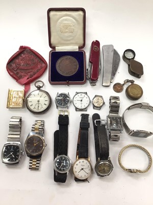 Lot 1059 - Silver pocket watch together with various other watches including Seconda, Timex, Mortimer etc and sundries