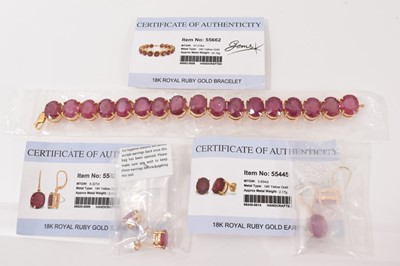 Lot 9 - 18ct gold ‘Royal Ruby’ bracelet and two pairs of earrings, all with Gems TV certificates