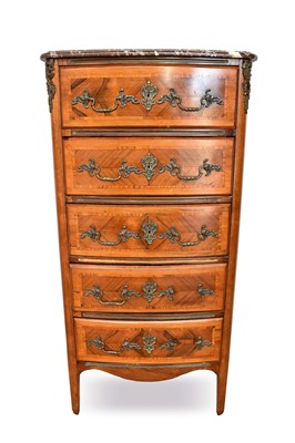 Lot 1322 - Louis XVI style walnut and parquetry inlaid metal mounted marble topped five drawer chest