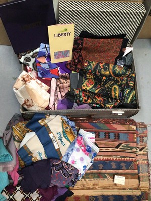 Lot 313 - Case of vintage silk and other scarves, Liberty fabric, table linens etc