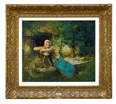 Lot 1050 - William Lee Hankey (1869-1952) oil on canvas - 'Girl on Wheelbarrow', signed, 48cm x 57cm, in gilt frame