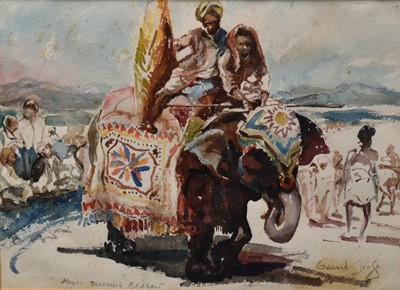 Lot 1040 - Follower of Edward Seago (1910-1974) watercolour - Hindu Decorated Elephant, bears signature and inscription, 26 x 37cm, in glazed gilt frame