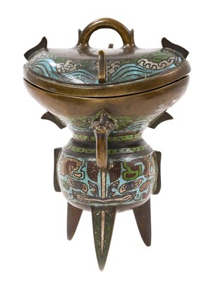 Lot 757 - Chinese champlevé enamel tripod censer with cover