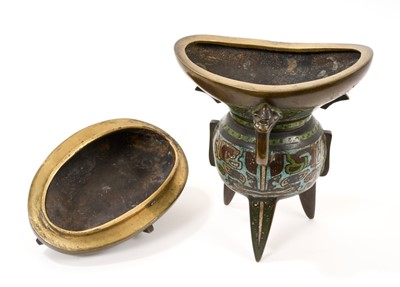 Lot 818 - Chinese champlevé enamel tripod censer with cover