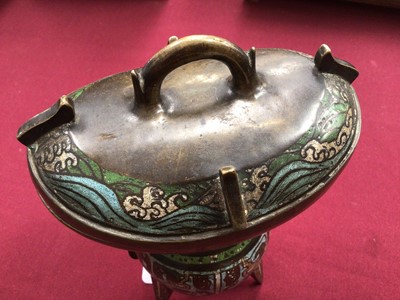Lot 818 - Chinese champlevé enamel tripod censer with cover