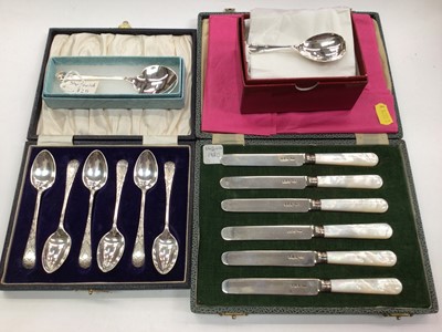 Lot 1068 - Set of six silver teaspoons, set of six silver butter knives with mother of pearl handles, both in fitted cases, together with two other silver spoons