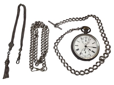 Lot 45 - Edwardian silver pocket watch together with two silver Albert chains and a Victorian white metal fob chain