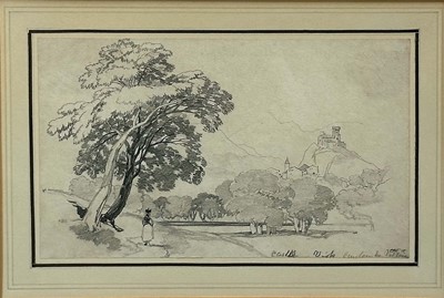 Lot 1068 - Edward Lear (1812-1888) pencil sketch - 'Castle near Visp Canton de Valais, Switzerland, 1839', inscribed verso, 16cm x 26cm, in glazed gilt frame