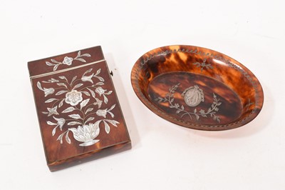 Lot 754 - Victorian tortoiseshell card case oval silver inlaid pin tray