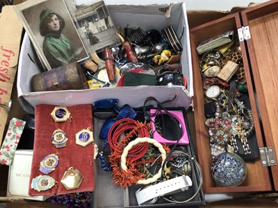 Lot 1120 - Group of costume jewellery, watches, medallions, vintage postcards, corkcsrews and sundries (1 box)