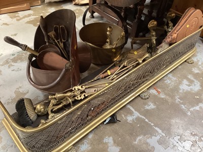 Lot 701 - Victorian brass fender, coal scuttles and a large collection of fireside implements