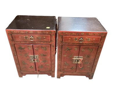 Lot 1266 - Pair of chinoiserie red lacquered bedside cabinets