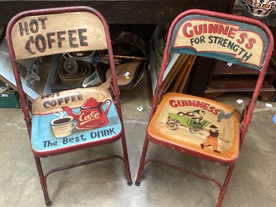 Lot 1403 - Set of six painted metal folding chairs with vintage style advertising