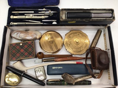 Lot 369 - Crystar vintage miniature camera in leather case, two vintage powder compacts, 19th century Mauchline ware' Prince Charlie' tartan ware box, vintage fountain pens etc