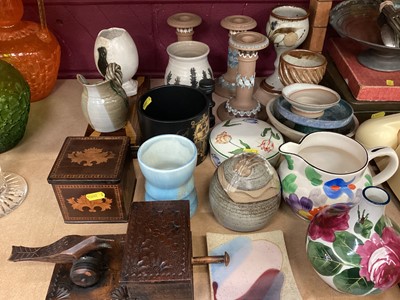 Lot 674 - Collection of ceramics to include Victorian Doulton Silicon pottery candlesticks, Studio pottery, Art pottery, similar wares and two vintage novelty wooden cigarette dispensers and an Art Deco tie...