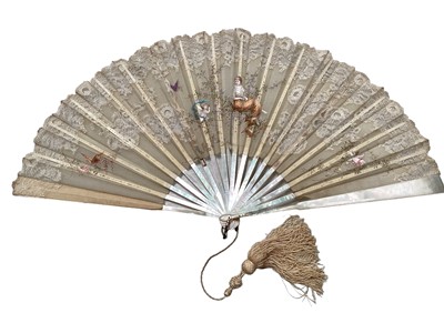 Lot 2107 - Collection of various fans including two small 'The Kiss of the Oceans' Panama Canal 1916 painted silk fans, bone, painted silk, wood and paper, pheasant feathers.