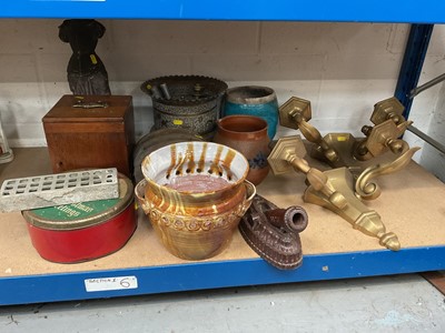 Lot 79 - Collection of miscellaneous items to include a Victorian school hand bell, pair of Victorian brass candlesticks, antique Indian brass jardiniere, pair of good quality brass wall lights, metalwork a...