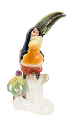 Lot 97 - Meissen porcelain model of a toucan, crossed swords mark with incised number z188, 31cm high