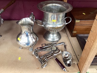 Lot 722 - Silver plated wine cooler, plated water jug and a Towle silver plated bar set