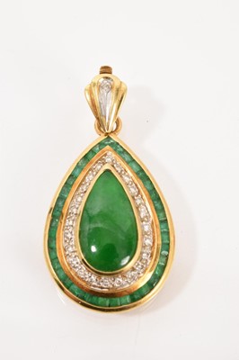 Lot 506 - Green jade/hardstone teardrop shaped pendant with a border of calibre cut emeralds and brilliant cut diamonds in a yellow metal mount (stamped 750)