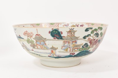 Lot 124 - 18th century Chinese famille rose export porcelain bowl, painted with a landscape scene, 29cm diameter