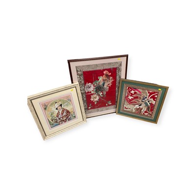 Lot 236 - Three Chinese embroided silk panels in glazed frames