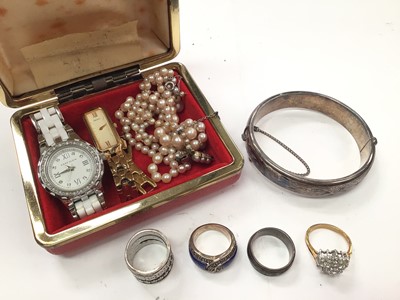 Lot 1051 - Silver bangle, three silver rings, costume jewellery and two wristwatches