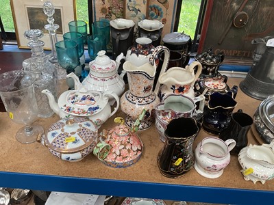 Lot 55 - Group of Victorian and later ceramics and glass, including two purple lustre jugs, decanters, etc