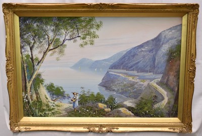 Lot 1200 - Maria Gianni (1873-1956) pair of gouache and oils on paper - Italian Coastal Landscapes, signed, 30cm x 47cm, in glazed gilt frames