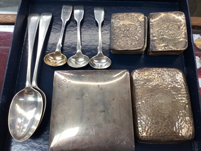 Lot 1107 - Silver cigarette box, silver cigarette case, various silver spoons and two silver mounted miniature Bibles