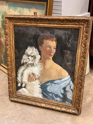 Lot 299 - Oil on canvas of a woman holding a poodle, signed and dated 51, in gilt frame